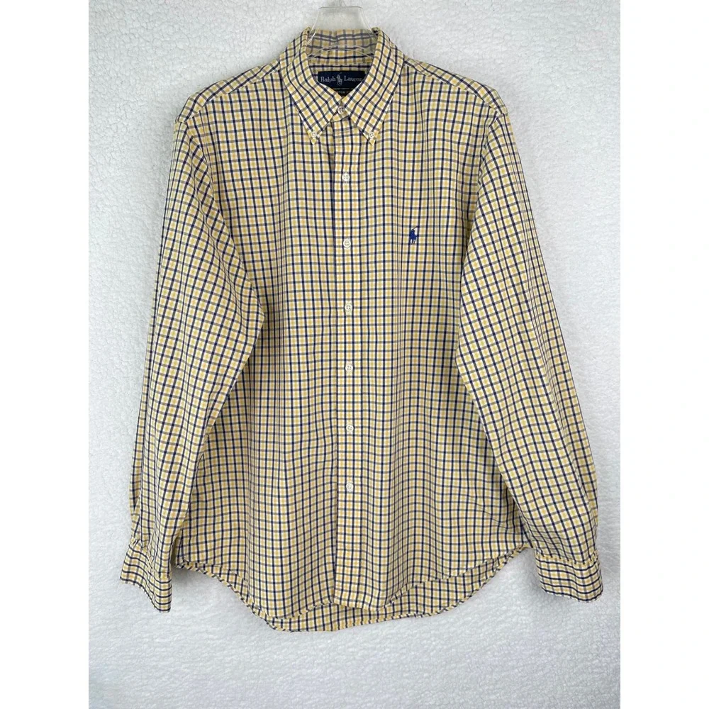 Polo Ralph Lauren Mens Custom Fit Gingham Shirt Yellow Navy Blue 16 L Long Sleev
